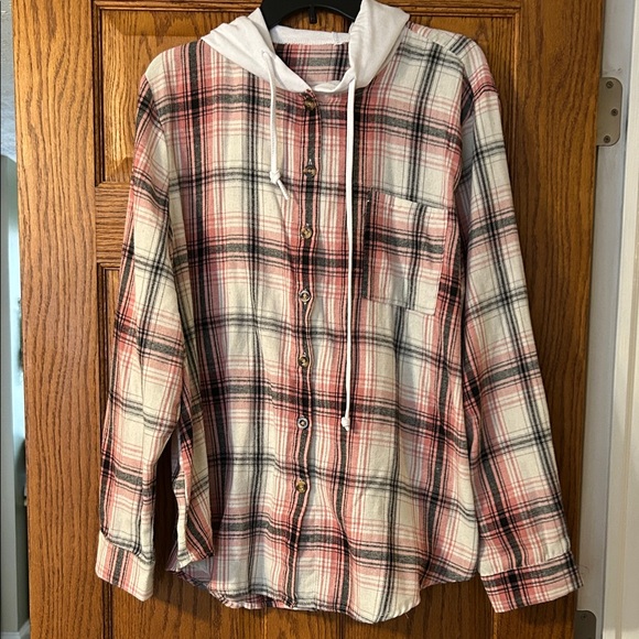 Tops - Plaid Button-Up Hoodie Shirt